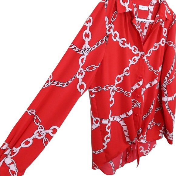 SUSAN GRAVER Size 4 Red White Chain Print Tie Front Button Up Blouse Shirt Top - Picture 2 of 5